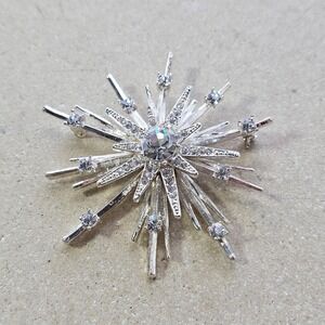 Vtg Avon SP Silver Tone Rhinestone Starburst Celestial Brooch Pin Clear Stones